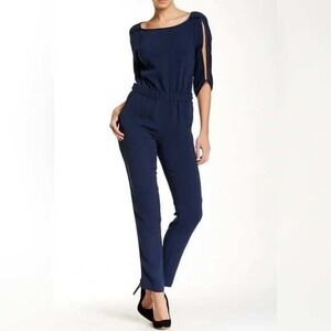 Halston Heritage Women's Navy Slit Sleeve Elastic Waist Jumpsuit Size 4